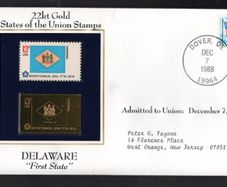 1988 USA  Delaware "First State" 22kt Gold Replica of the 1976 United States Flag Stamps showing 25c US flag definitive tied Dover,  Delaware(state capital) illustrated cover