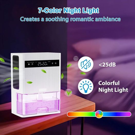 Electric Dehumidifier, 3000ml Portable Small Dehumidifier for Bedroom with Ultra Quiet & Auto Shut off 7 Colorful LED for Wardrobe,basement,Bathroom,Closet,RV,Baby Nursery