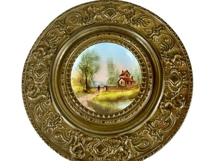 Set of 4 Antique French Brass/Hand-Painted Porcelain Wall Plaques