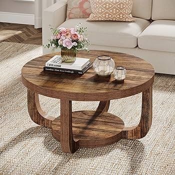 Round Coffee Table, 2-Tier Round Coffee Table with Storage Space, 80cm Modern Wooden Accent Table for Living Room, Thick Table Top and Base, Rustic Brown