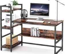 _Desk with shelves, 55 inch industrial style PC desk, computer table made of wood and metal, gaming desk office table for home office (vintage brown)