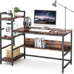 _Desk with shelves, 55 inch industrial style PC desk, computer table made of wood and metal, gaming desk office table for home office (vintage brown)