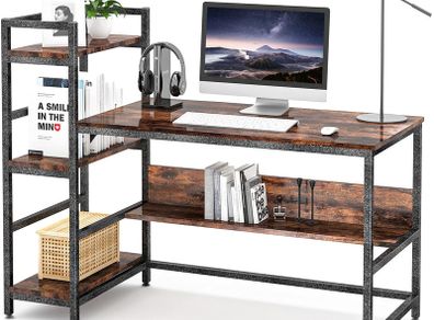 _Desk with shelves, 55 inch industrial style PC desk, computer table made of wood and metal, gaming desk office table for home office (vintage brown)