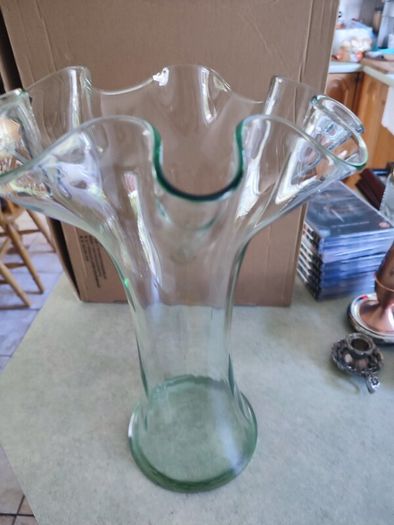 LARGE Vintage Blue/Green Vase With Deep Ruffled Flared Neck