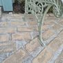 Garden bench, cast iron, beautiful design, restored seat, outdoor garden seating, treated timber decorations, furniture patio decking, great present. Ignore flowers, pots, plants, garden statue, chair, swing, patio table, balcony. Image 4