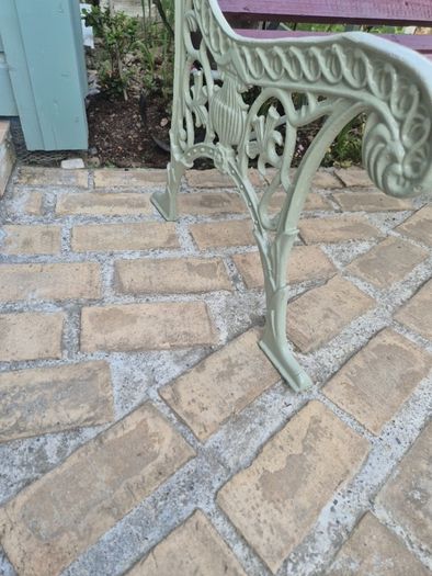 Garden bench, cast iron, beautiful design, restored seat, outdoor garden seating, treated timber decorations, furniture patio decking, great present. Ignore flowers, pots, plants, garden statue, chair, swing, patio table, balcony.