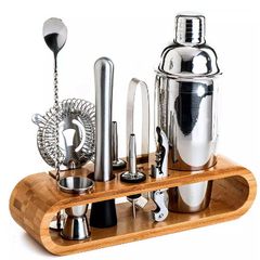 12 Pcs of Stainless Steel Cocktail Shaker Mixer Wood Wine Rack Shelf  750ml Bars Tools