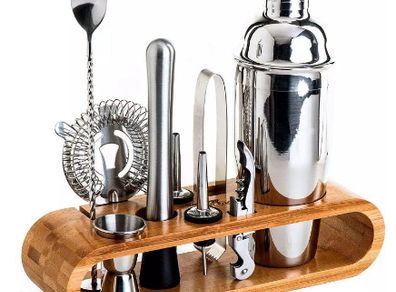 12 Pcs of Stainless Steel Cocktail Shaker Mixer Wood Wine Rack Shelf  750ml Bars Tools
