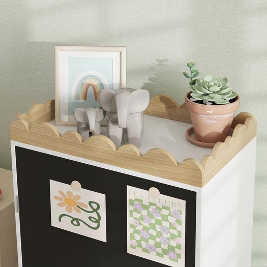 Children's storage unit, toy storage for kids with chalkboard door, 3 cubbies and top shelf, white