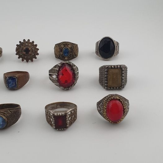 15 Antique Style Brass Rings Mixed Stone & Colourful Glass Accents
