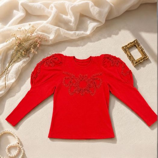 Designer Red Top Gigot Sleeves