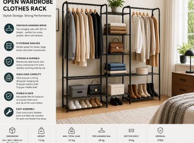 Industrial Open Wardrobe Clothes Rack 121kg with 9 Shelves
