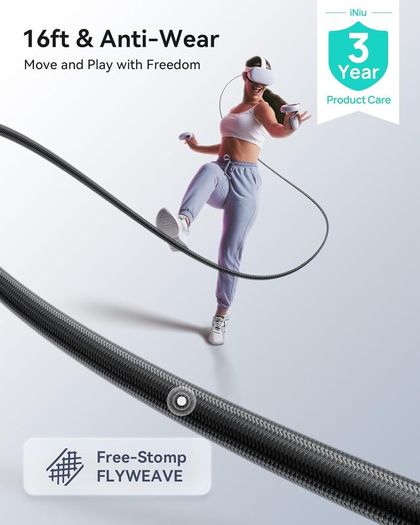 INIU 5M VR Link Cable with Separate Charging Port, USB 3.0 to USB C Cable for Meta Quest 3s 3 2 1 Quest Pro, Pico 4, Steam VR, Gaming PC, High Speed Data Transfer for Virtual Reality Headset - Black