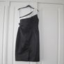 Designer Asymmetric Black Satin Dress with Cream/White Diagonal Striped Bodice. Image 2