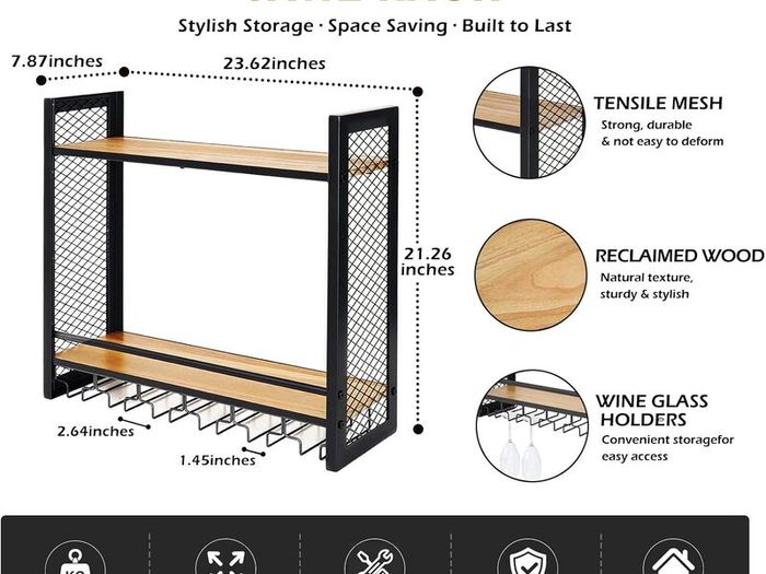 3-Tier Wall Mounted Wine Rack with Glass Holder, Industrial Metal Wine Bottle Storage