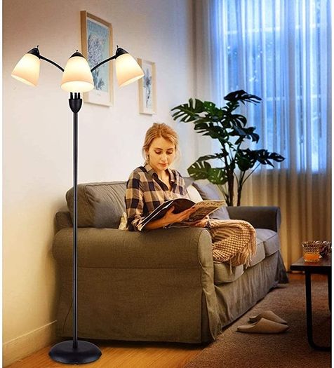3-Light Floor Lamp, Modern LED Standing Floor Lights with E27 Bulbs Base, Adjustable Reading Light for Bedroom, Living Room, Library, Office, Matt Black (FREE POSTAGE)