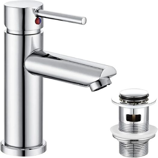 Basin Mixer Taps with Pop Up Waste Slotted Bathroom Sink Tap Mixers Washroom Cloakroom Taps Single Lever Chrome Stainless Steel with G1/2 Hoses Round 1 Hole