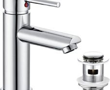 Basin Mixer Taps with Pop Up Waste Slotted Bathroom Sink Tap Mixers Washroom Cloakroom Taps Single Lever Chrome Stainless Steel with G1/2 Hoses Round 1 Hole