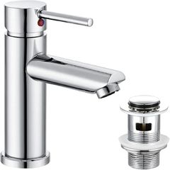 Basin Mixer Taps with Pop Up Waste Slotted Bathroom Sink Tap Mixers Washroom Cloakroom Taps Single Lever Chrome Stainless Steel with G1/2 Hoses Round 1 Hole