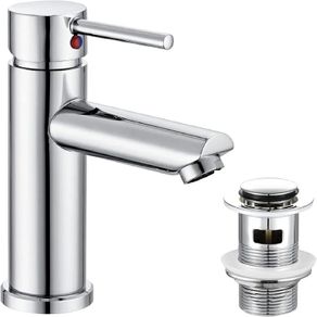 Basin Mixer Taps with Pop Up Waste Slotted Bathroom Sink Tap Mixers Washroom Cloakroom Taps Single Lever Chrome Stainless Steel with G1/2 Hoses Round 1 Hole
