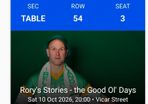 Rorie's Stories Tickets 10th October Vicar Street