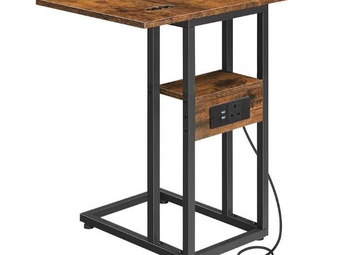 Bedside Table with Charging Station, C Shaped Side Table with Storage Shelf, Slim Sofa Table Small Tables Laptop Tables for Small Space, Rustic Brown and Black