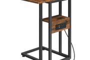 Bedside Table with Charging Station, C Shaped Side Table with Storage Shelf, Slim Sofa Table Small Tables Laptop Tables for Small Space, Rustic Brown and Black