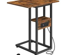 Bedside Table with Charging Station, C Shaped Side Table with Storage Shelf, Slim Sofa Table Small Tables Laptop Tables for Small Space, Rustic Brown and Black
