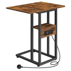 Bedside Table with Charging Station, C Shaped Side Table with Storage Shelf, Slim Sofa Table Small Tables Laptop Tables for Small Space, Rustic Brown and Black