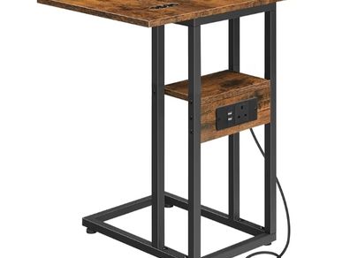 Bedside Table with Charging Station, C Shaped Side Table with Storage Shelf, Slim Sofa Table Small Tables Laptop Tables for Small Space, Rustic Brown and Black