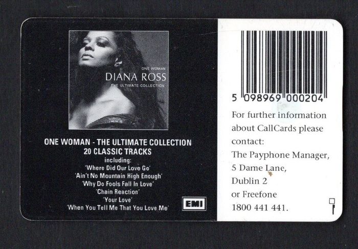 1993 Ireland 20 unit EMI Music promoting Diana Ross's "One Woman" album (Gemplus GEM1) Call Card Used. Telecom Eireann card number 1055