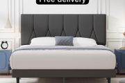 King Bed Frame, Dark Grey, Upholstered Wooden Slat Bed Frame with Headboard