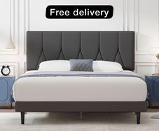 King Bed Frame, Dark Grey, Upholstered Wooden Slat Bed Frame with Headboard
