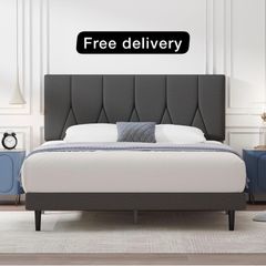 King Bed Frame, Dark Grey, Upholstered Wooden Slat Bed Frame with Headboard