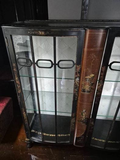 Vintage  Turnige Chinoiserie locking ebonised handpainted cabinet 3 tiers