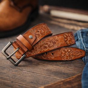 Unisex Genuine Leather Tooled Belt Vintage Floral Western Leather Belt