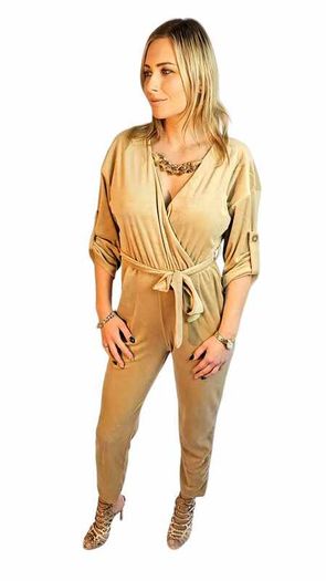 Surplice neck velvet wide leg jumpsuit