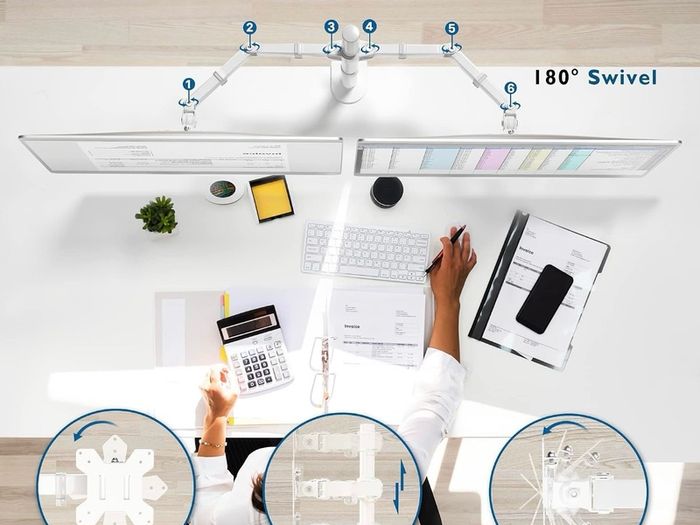 Dual Monitor Arm Desk Mount, Adjustable for 13/27 Inch  Screens, VESA 75x75/100x100, Full Motion Tilt, 360 Rotation, Height Adjustable, Max 10kg per Arm, Easy Install, White