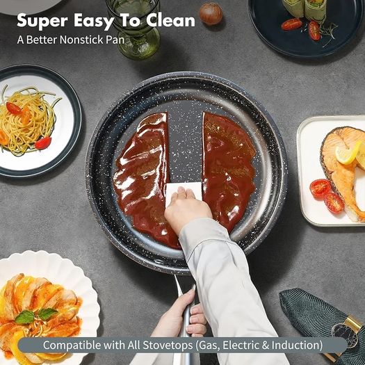 Stainless Steel Pots and Pans Set, 7-Piece Induction Hob Pan Set with Stay Cool Handles, Nonstick Saucepan Set Cooking Pans Set with Glass Lids, Black Granite Kitchen Cookware Set, PFOS & PFOA Free