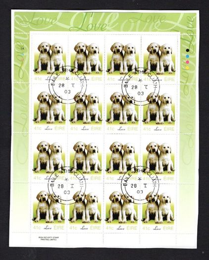 2003 Ireland Greetings (baby animals, puppies) Commemorative Stamp Sheetlet Plate 1A1A1A1A Fine Used with Dublin cancel of 28th January 2003 (First day of issued) on envelope extract.