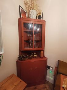 Vintage mid century wooden corner display/ drinks cabinet