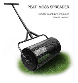 24 Inch Compost Spreader, Durable Peat Moss Spreader with Adjustable T Shaped Handle for Planting Seeding, Garden Lawn Care Manure Spreaders Roller (Black L)