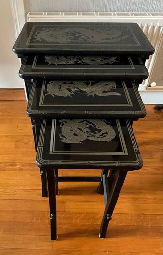 Vintage Oriental Set of 4 Black Lacquered Nest of Tables
