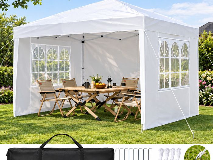 Pop Up Canopy 2.95 x 2.95 m  Instant Canopy Portable Gazebo with 3 Sidewalls & 2 Ventilated Windows, Height Adjustable Pop-Up Outdoor Shelter Tent for Events