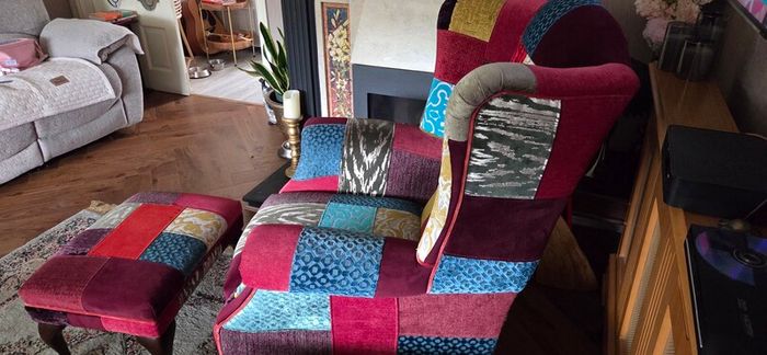 2 wingback armchairs, headboard & footstool