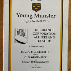 1991 Young Munster v Old Wesley R.F.C - AIL Division 1 Rugby Programme