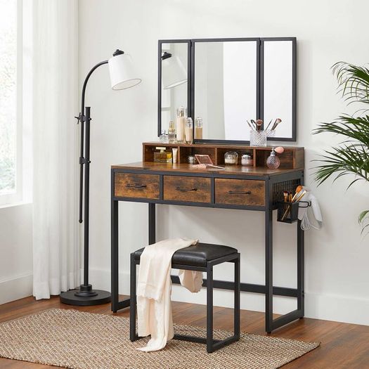 Dressing table with 3-piece folding mirror and stool  dressing table, dressing table with 3-piece folding mirror, hairdryer holder, cosmetic table with upholstered stool, 3 drawers, industrial design, vintage brown-black