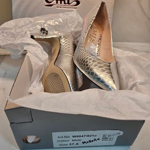 Emis new collection court silver snake skin medium heel leather shoes UK4.5 EU 37.5 new & boxed