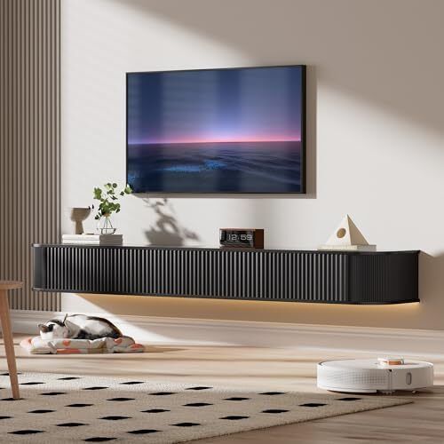 Floating TV Stand Unit with RGB LED Light - 180CM Wall Mounted TV Cabinet with Upgraded Storage & Rounded Edges, Modern TV Media Console for 65-75 Inch TVs