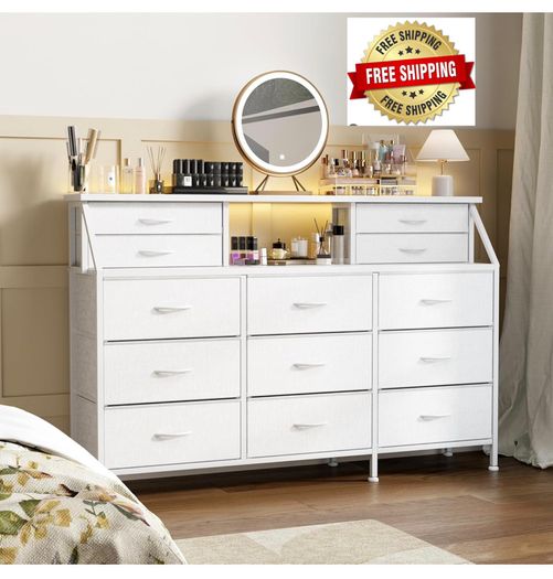 Dresser for Bedroom with 13 Drawers, 55 Wide Chest of Drawers, Fabric Dresser with 2 Wooden Shelves